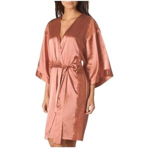 La Senza Kimono Robe Small Medium Pink Lace Trim Short Sleeve Satin Sleepwear